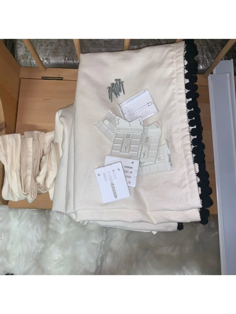 Cream Cotton Curtain Panels with Black Pom Pom Trim and Mounting Hardware